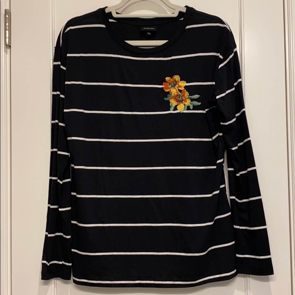 Black Stripe Floral Embroidered Tee